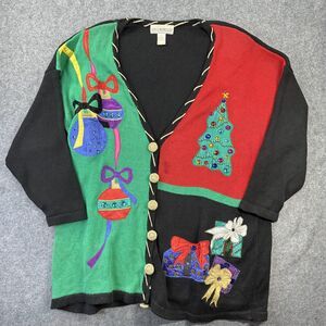 Vintage Jon Lawrence Sweater Womens M/L Christmas Cardigan Ornaments Ugly Beaded